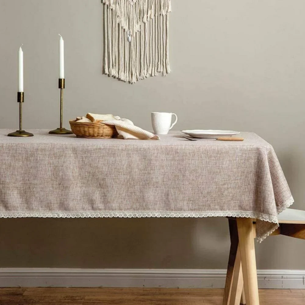 Cotton Linen Waterproof/Oilproof Lace Trim Table Cover